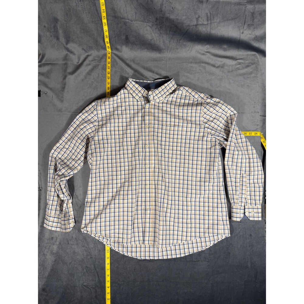 Mason James Button Down Shirt Mens XXL Blue Tan Plaid Stretch Long Sleeve